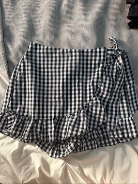 Black and White Gingham Wrap Skort with Ruffle